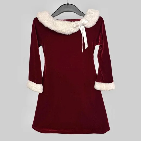 Velvet Christmas Dress Girls Size 8 Dark Red Burgundy Faux Fur Trim Santa Party‎ - Picture 5 of 10